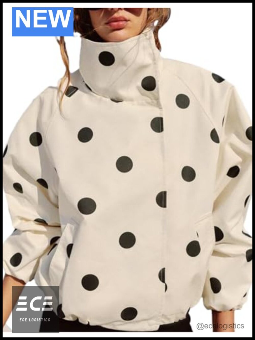 Women's Polka Dot Bomber Jacket Funnel Neck Windbreaker Outwear